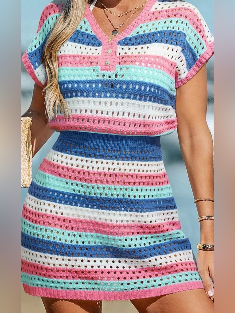 Cupshe Striped Knit Swim Coverup in Pink, Blue, Mint & White